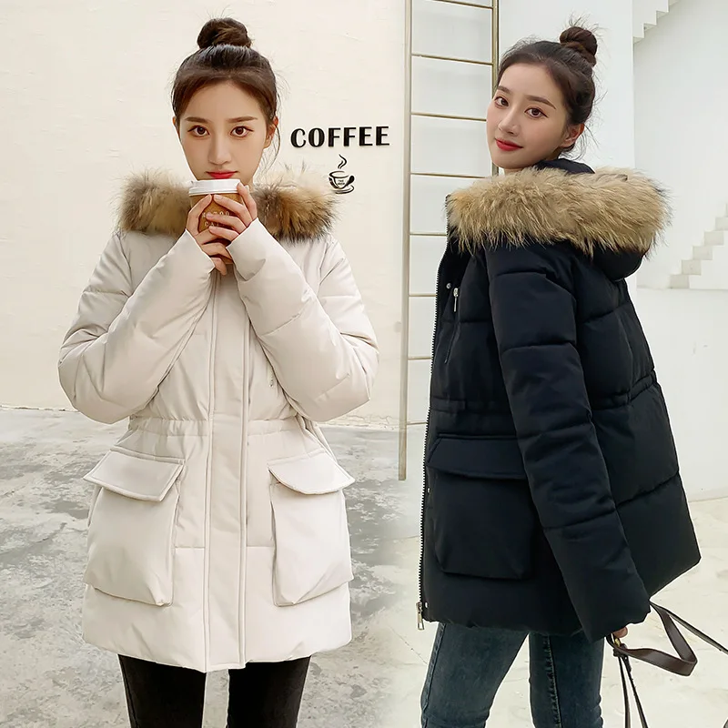 

Autumn Winter New Women Hooded Down Jacket Mid-length Cotton Jacket Plus Velvet Warm Winter Clothing Black Jacket Lady Clothing