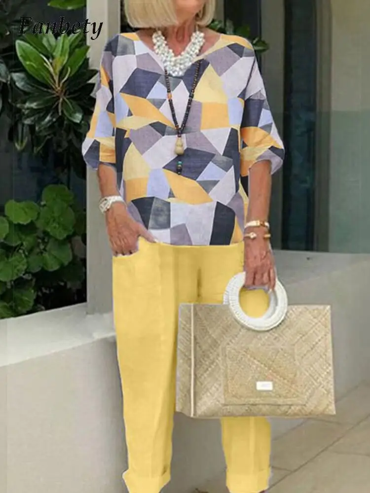 

Summer Casual Women 2 Piece Set Vintage Harajuku O-Neck Half Sleeve Tops + Loose Long Pants Suits Fashion Print Trousers Outfits