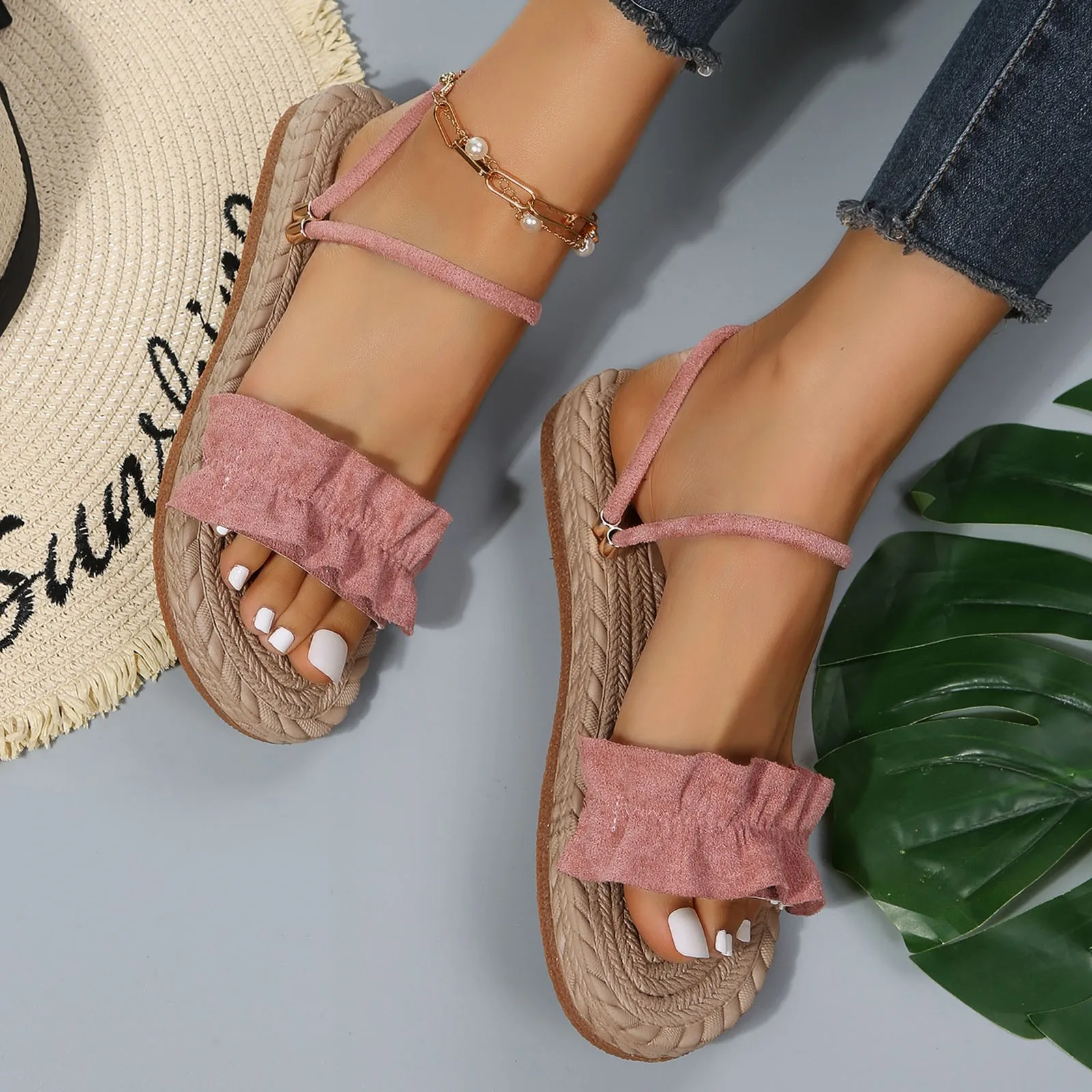 

Slippers Women Size 7 Leisure Roman Style Flock Weave Women's Solid Color Summer Two Ways Non Slip Slip On Flat Beach Open Toe