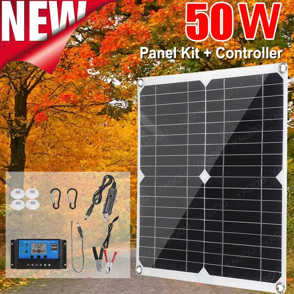 

Solar Panel 50W Kit Complete Solar Controller 12V Safe Charge with 2 USB Port Backup Charger for Battery Phone Car RV Camping