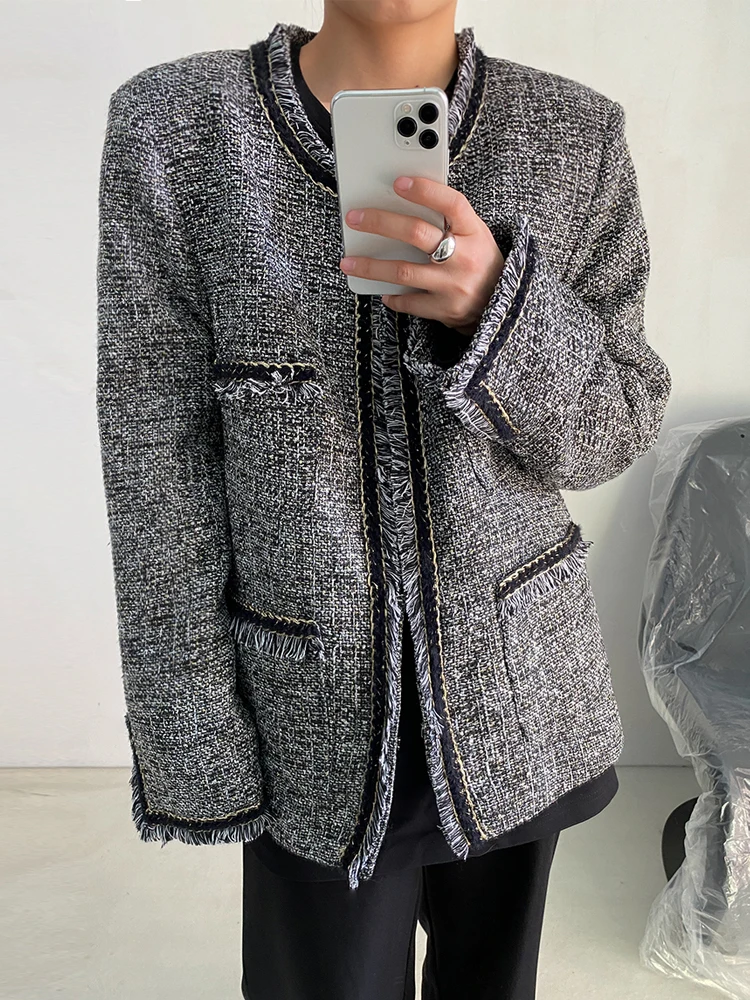 

SuperAen Korean Suit Version Design Pattern Woolen Edge Coat Loose Thickened Cotton Fashion Women Jacket