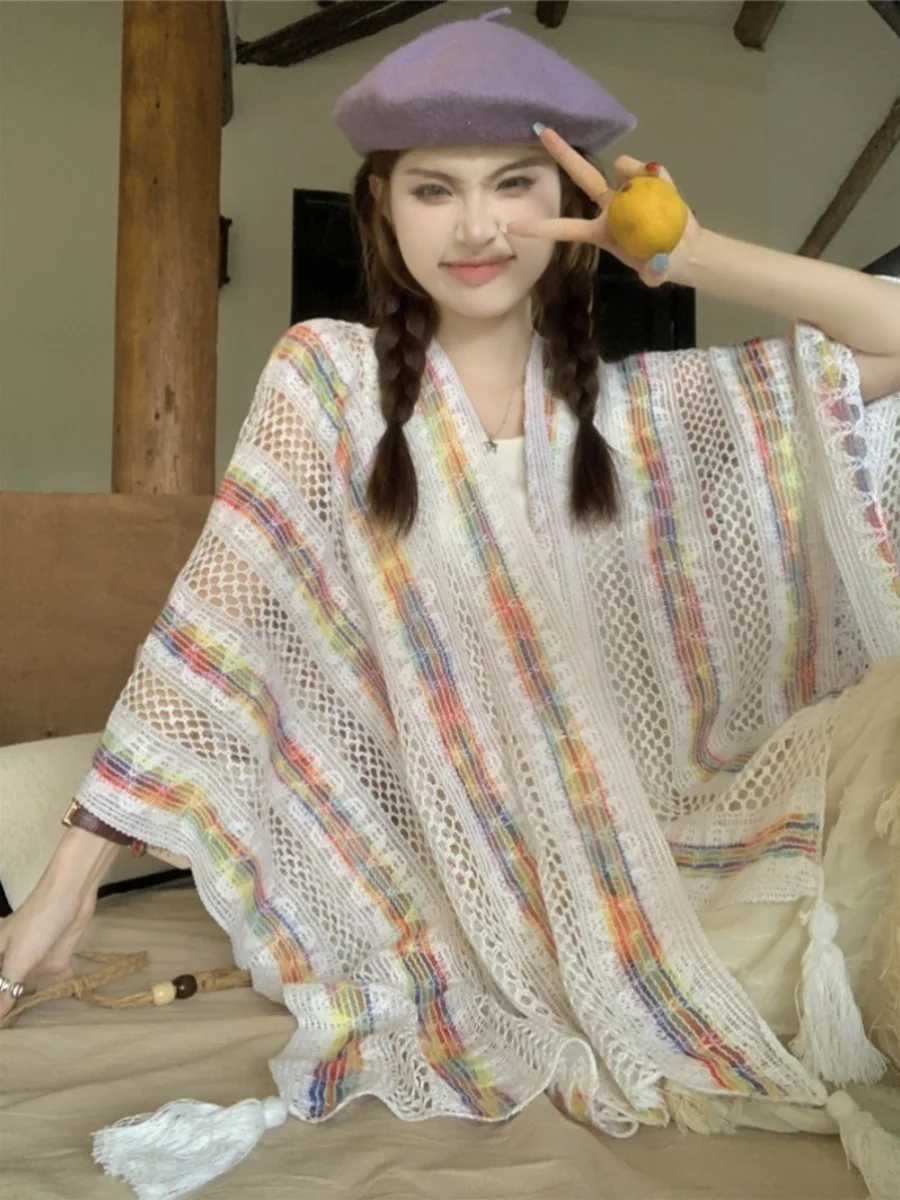 Gaganight женский вязаный кардиган в радужную контрастную полоску с кисточками