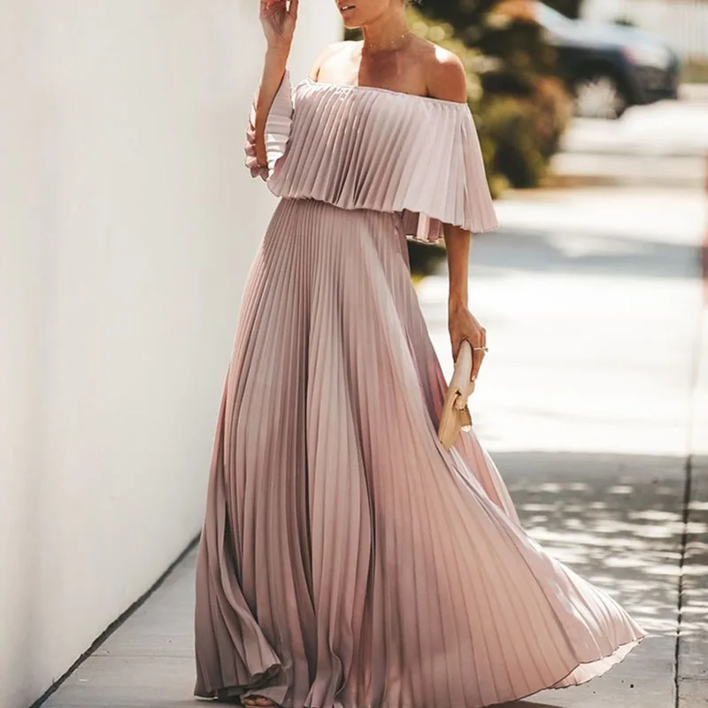 

Sexy Off Shoulder Slash Neck Ruffles Pleated Dress Prom Party Dresses Women Evening Elegant Loose Long Maxi Dresses For Women