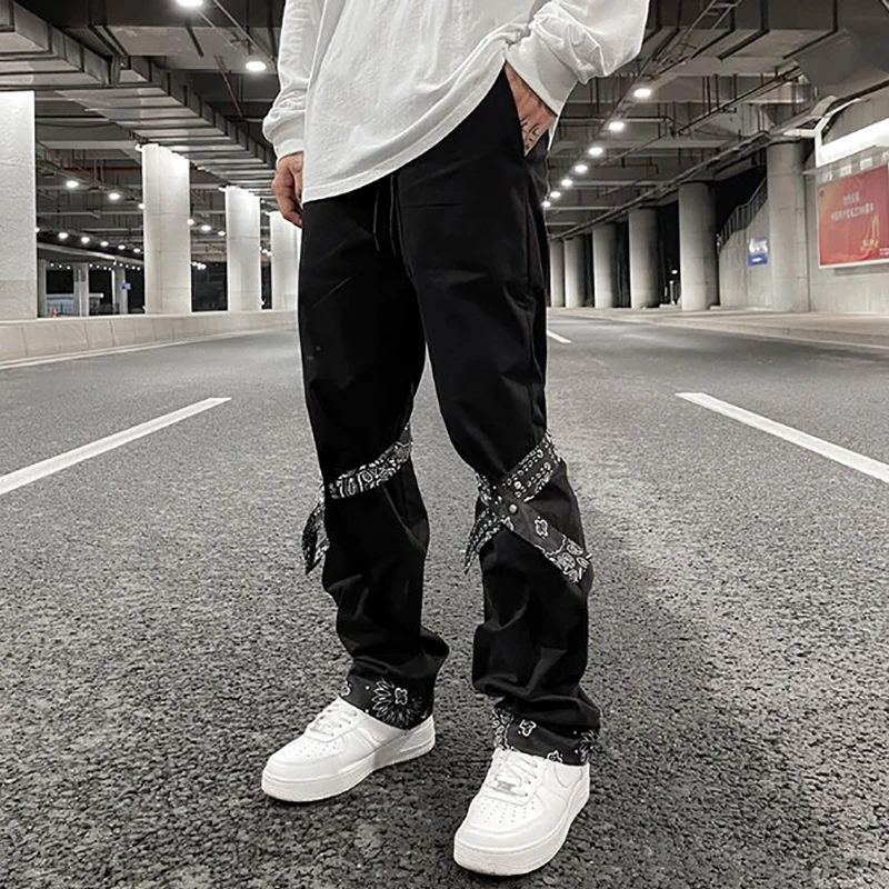 

Retro Cashew Flower Ribbons Buttons Cargo Sweatpants for Men Hip Hop Street Wear Loose Casual Joggers Pants Men Adjustable