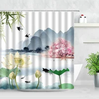 vintage style flowers shower curtain lotus ink painting green leaf waterproof polyester bath curtains bathroom decor with hooks