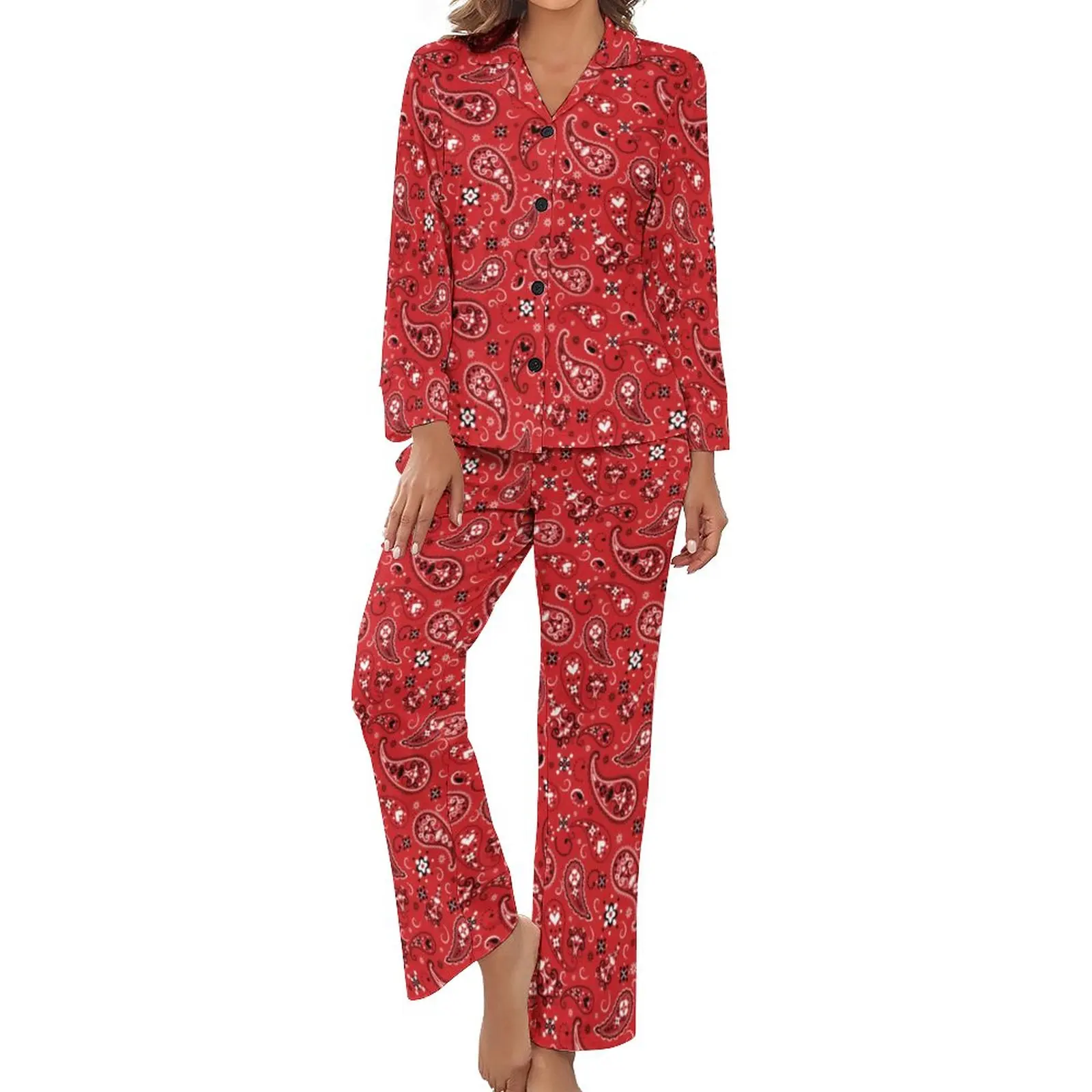 

Red Paisley Print Pajamas Vintage Floral Long Sleeve Cute Pajama Sets Two Piece Home Autumn Custom Sleepwear Gift Idea