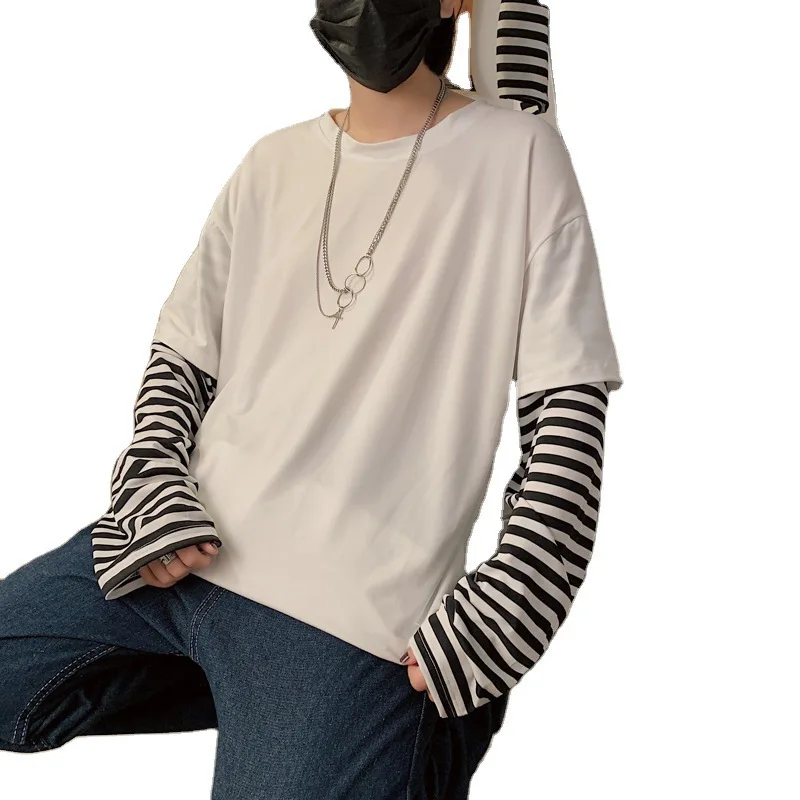 

Men Long Sleeve T-shirts Fake Two Pieces Leisure Chic Striped Patchwork Spring Korean Style BF Loose Tshirts Teens Retro