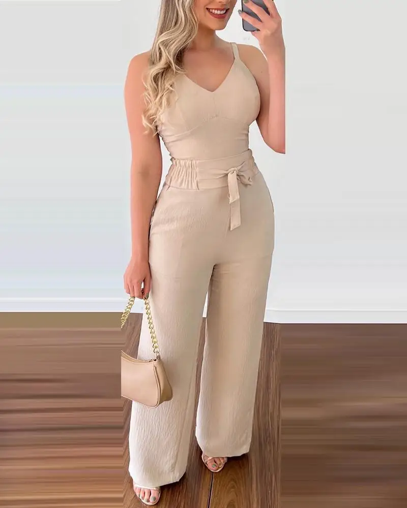Ninimour Women Shirred Cami Top & High Waist Pants Set 4 Colors Holiday Wear Casual Solid Long Wide Leg Pants One Piece Suits