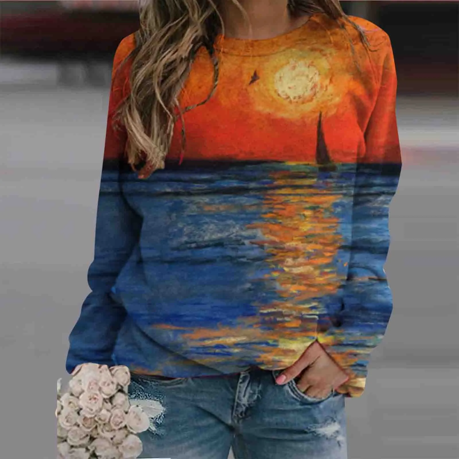 

Hoodies Sweatshirts Woman Fashion Sunset Oil Painting 3d Print O Neck Long-sleeve Hooded Sweatshirt Casual Blouse Tops Pullover