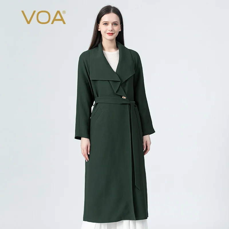 

VOA Fashion Asymmetry Turn-down Collar Green Silk Trench Coat for Women Single Button Adjustable Waist Jackets Autumn New FE188