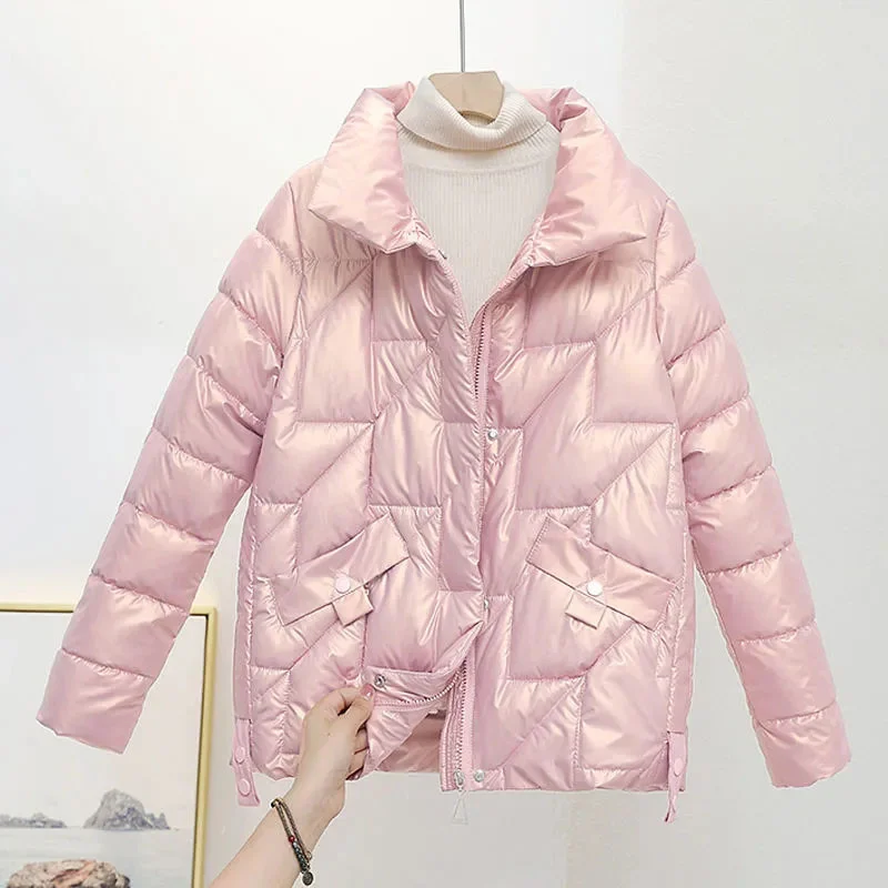 Women Jacket 2022 New Winter Parkas Female Glossy Down Cotton Jackets Stand Collar Casual Warm Parka Short Coat Outwear