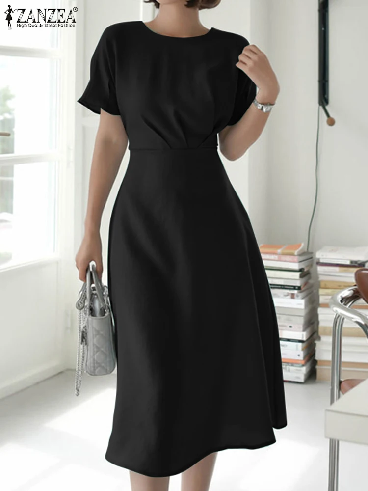 

ZANZEA Fashion Summer Sundress Women Elegant O Neck Short Sleeve A-lline Solid Color Office Party Vestido Casual Robe Midi Dress