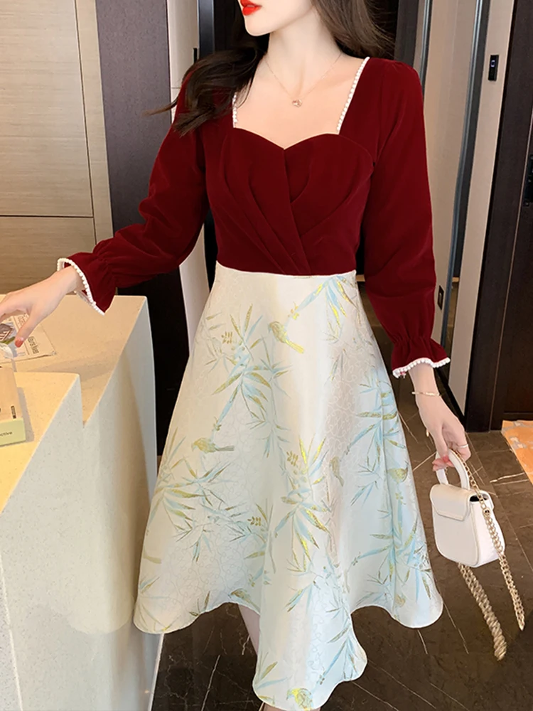 Новое китайское платье с квадратным воротником и принтом A Word женское