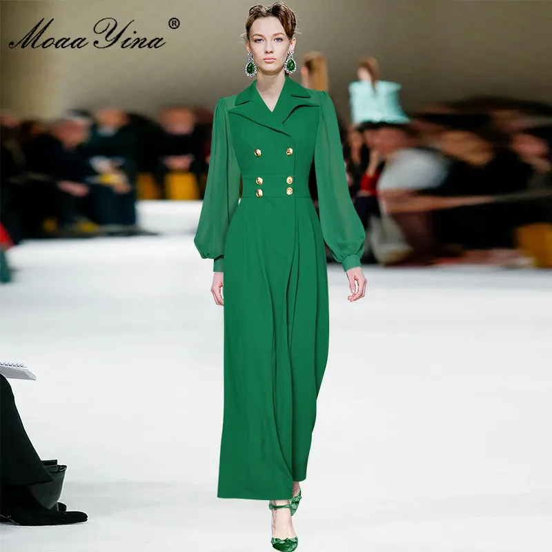 

2023 Runway Luxury Design Spring Pink Jumpsuit Women Turn-down Collar Lantern Sleeve Double-breasted Wide leg trousers Bodysuit