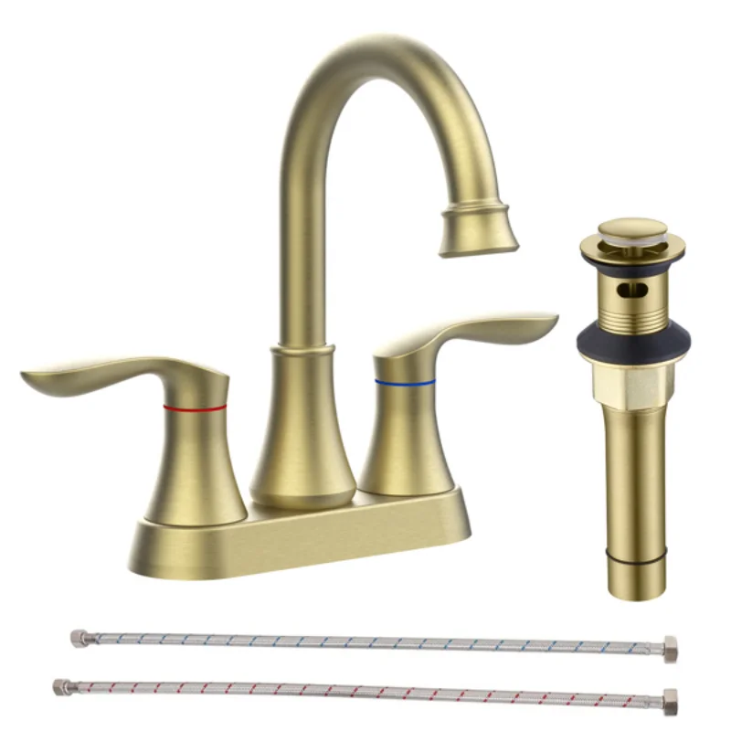 

Bathroom Faucet Brushed Gold with Pop-up Drain & Supply Hoses 2-Handle 360 Degree High Arc Swivel Spout Centerset