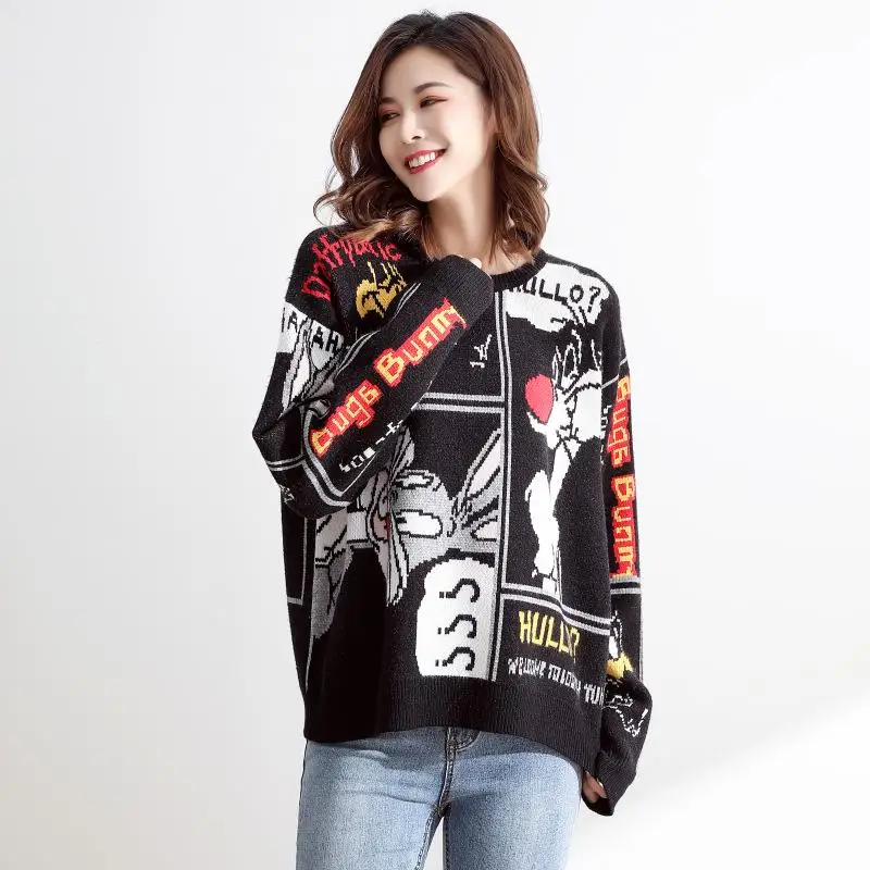 

High Street Loose Outer Wear O-Neck Long Sleeve Autumn Winter New Cartoon Pattern Jacquard Knitted Sweater Women Pullovers 2022