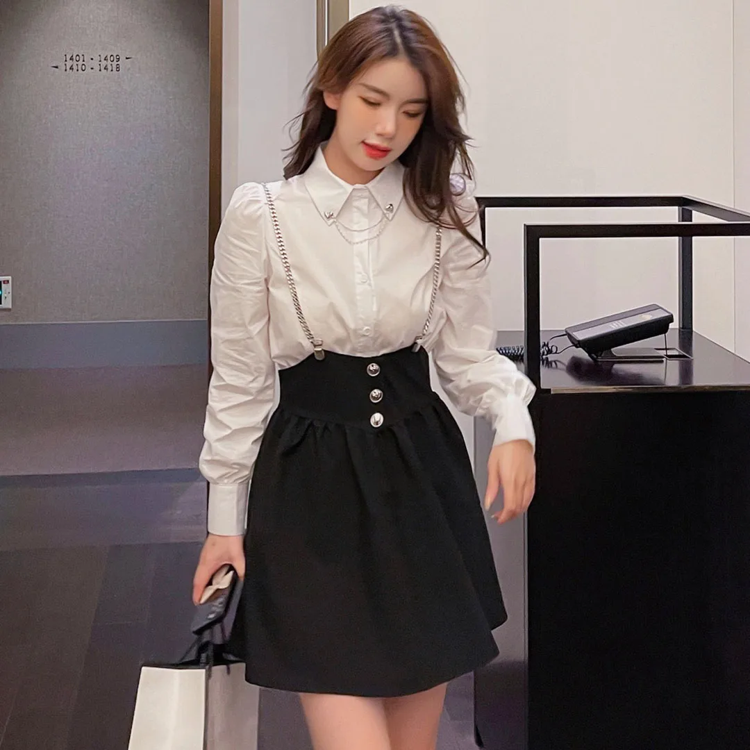 

Newest Spring Women Two Piece Sets White Long Sleeve Single-Breasted Shirt+Women Metal Chain Suspender Skirt Mini Skirt Suits