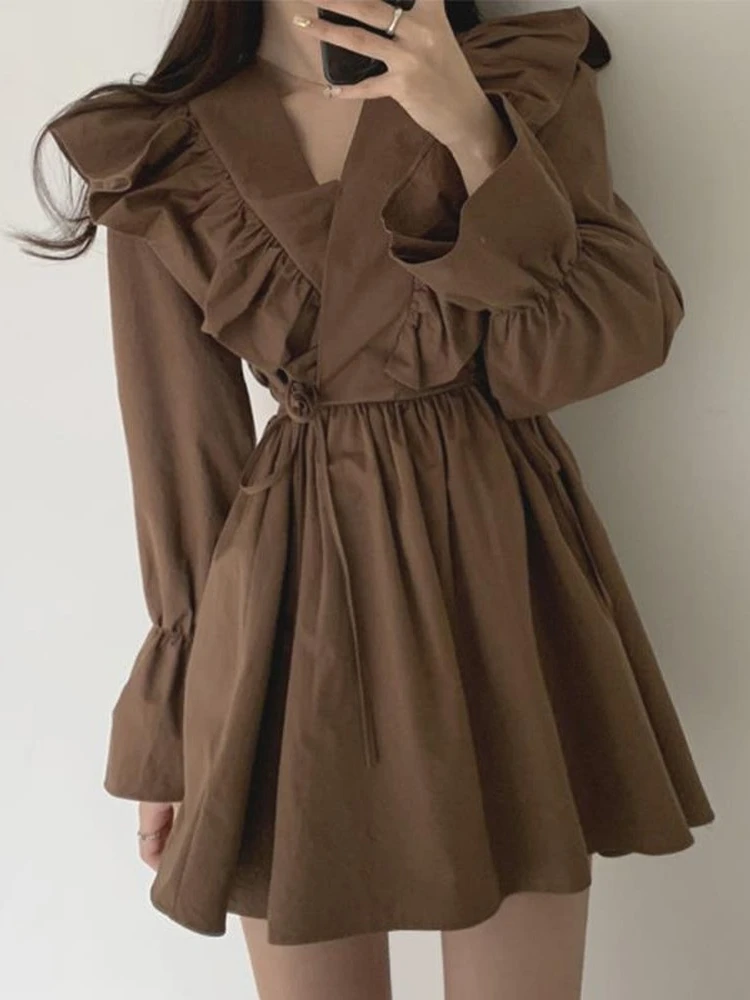 

QWEEK Vintage Ruffles Short Dresses Women Korean Fashion Casual Wrap Brown Mini Dress 2022 Spring Summer Kpop V-neck Robe Famele