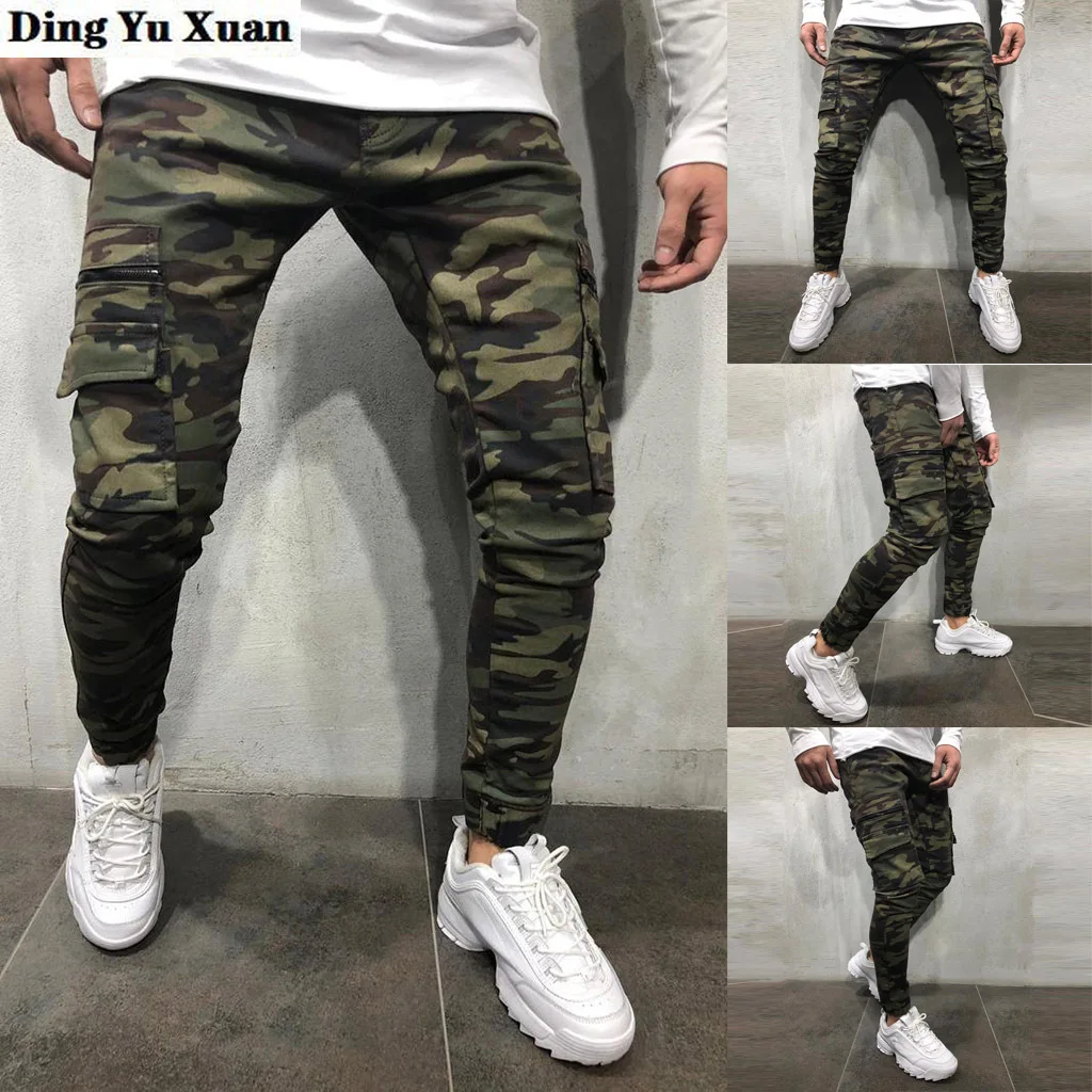 Men's Fashion Biker Jeans Streetwear Mens Black Blue Cargo Jeans Slim Fit Hip Hop Skinny Pants Casual Denim Trousers Side Pocket