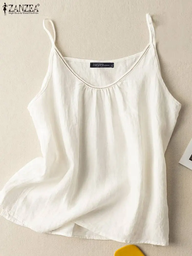 

2022 ZANZEA Fashion Women's Summer Top Casual Tank Tops Loose Solid Beach Camis Female Party Shirt Spaghetti Strap Cotton Blouse