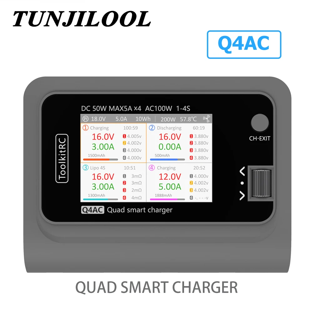 Интеллектуальное зарядное устройство ToolkitRC Q4AC Dis 4x50 Вт 5A AC 100 4 порта DC XT60/XT30 для RC
