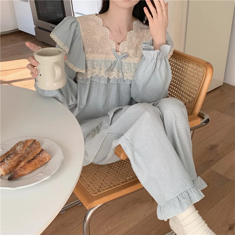 Korean Cotton Spring Autumn Pajamas For Women Sweet Princess Long-Sleeve Lace Loose Home Clothes V Neck Ladie's Sleepwear Set