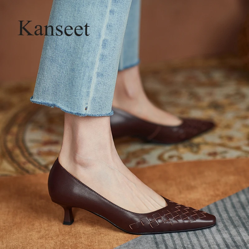 Kanseet Pumps New Spring Fashion Square Toe Genuine Leather Shoes Women Elegant Handmade Party Dress Thin Mid Heels Footwear 40