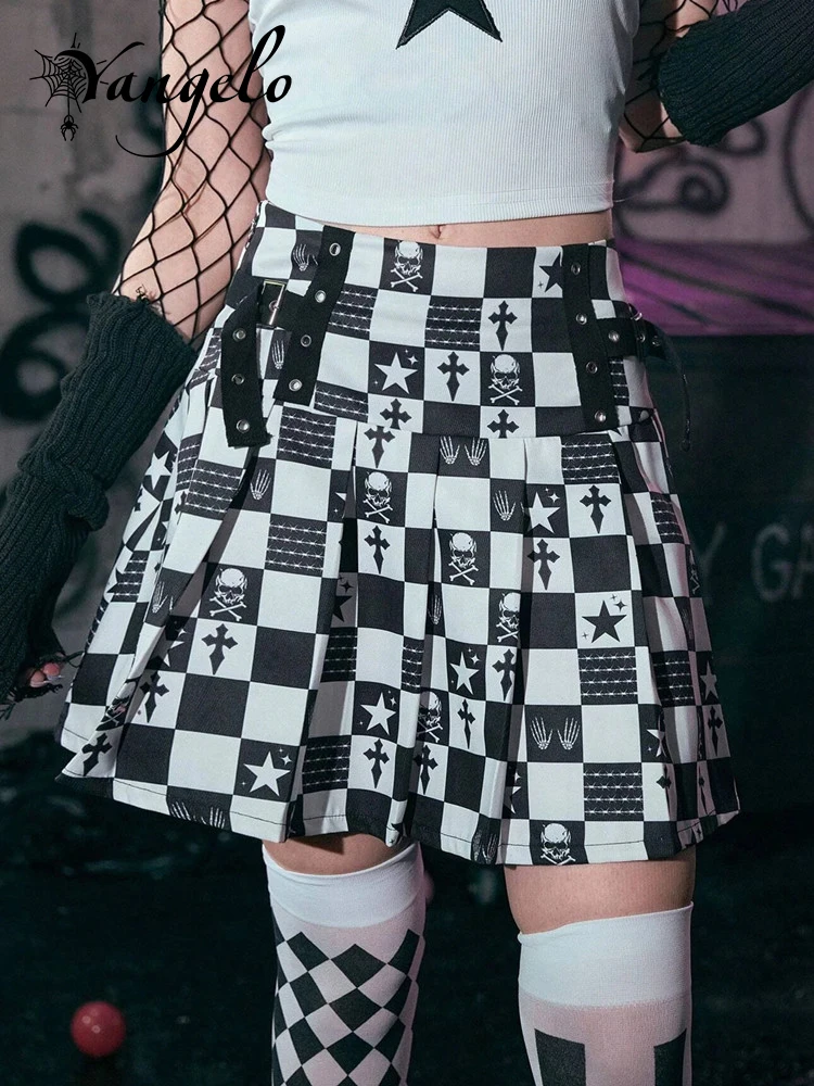 

Женская плиссированная юбка Yangelo Dark, Готическая черно-белая юбка в клетку, с контрастной строчкой, сексуальная летняя юбка с высокой талией, Y2K,