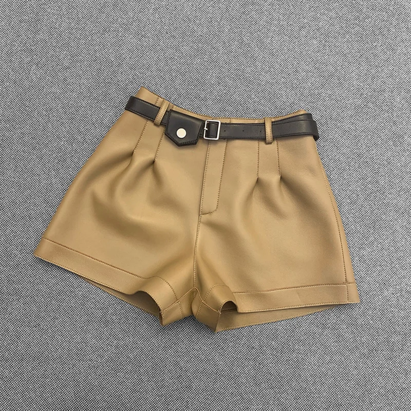 2023 Leather Pants Lady Sexy Mini Pants Genuine Sheepskin Leather Spring Autumn High Waist Female Short Pants TF3929