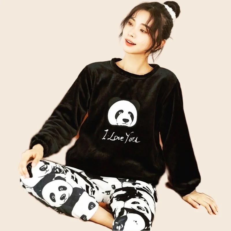 Women's Warm Winter Pajamas Set Soft Funny Cartoon Elephant Print Pyjama Homewear Cozy Flannel Sleepwear Mom Big Size 2PCS/Set