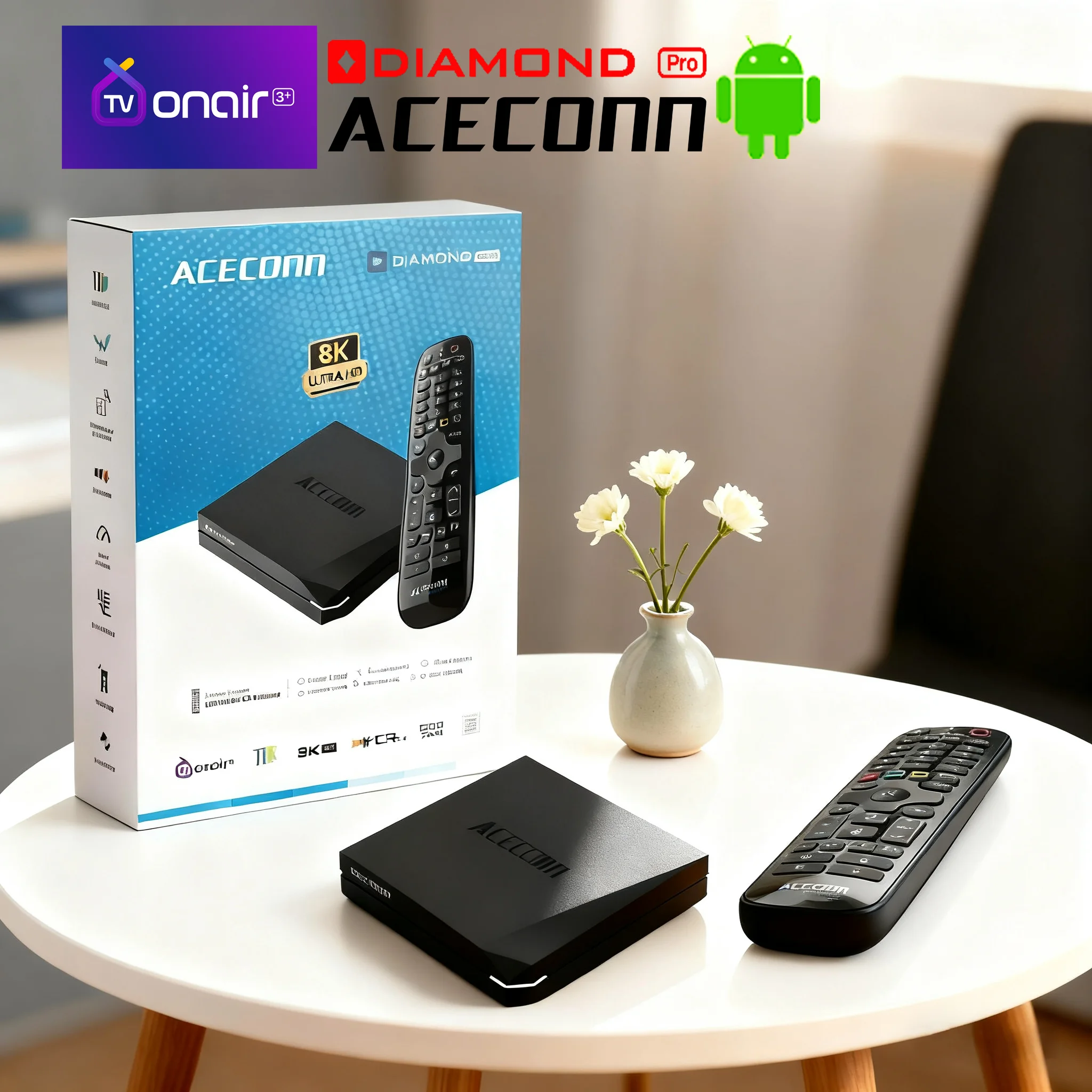 Фото ACECONN Diamond-Pro TV Box IPTV 2 ГБ + 32 ГБ двухдиапазонный Wi-Fi 6 Bluetooth голосовой пульт дистанционного управления кнопка подсветки HD 4K №1