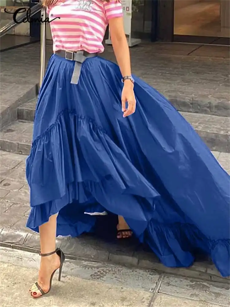 

Celmia Women High Waist Long Maxi Skirt Resort Fashion High Low Streetwear Faldas Casual Loose Asymmetrical Ruffles Swing Skirts