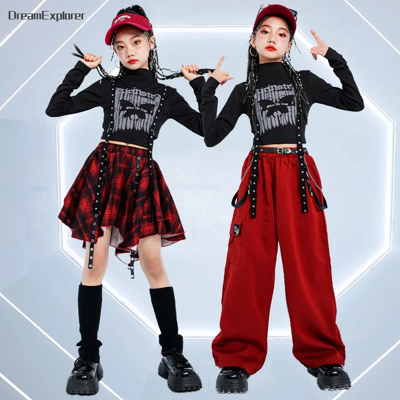 Hip Hop Girls Fashion K-pop Crop Top Street Dance Cargo Pants Kids Streetwear Plaid Skirts Children Jazz Girl Group Clothes Sets