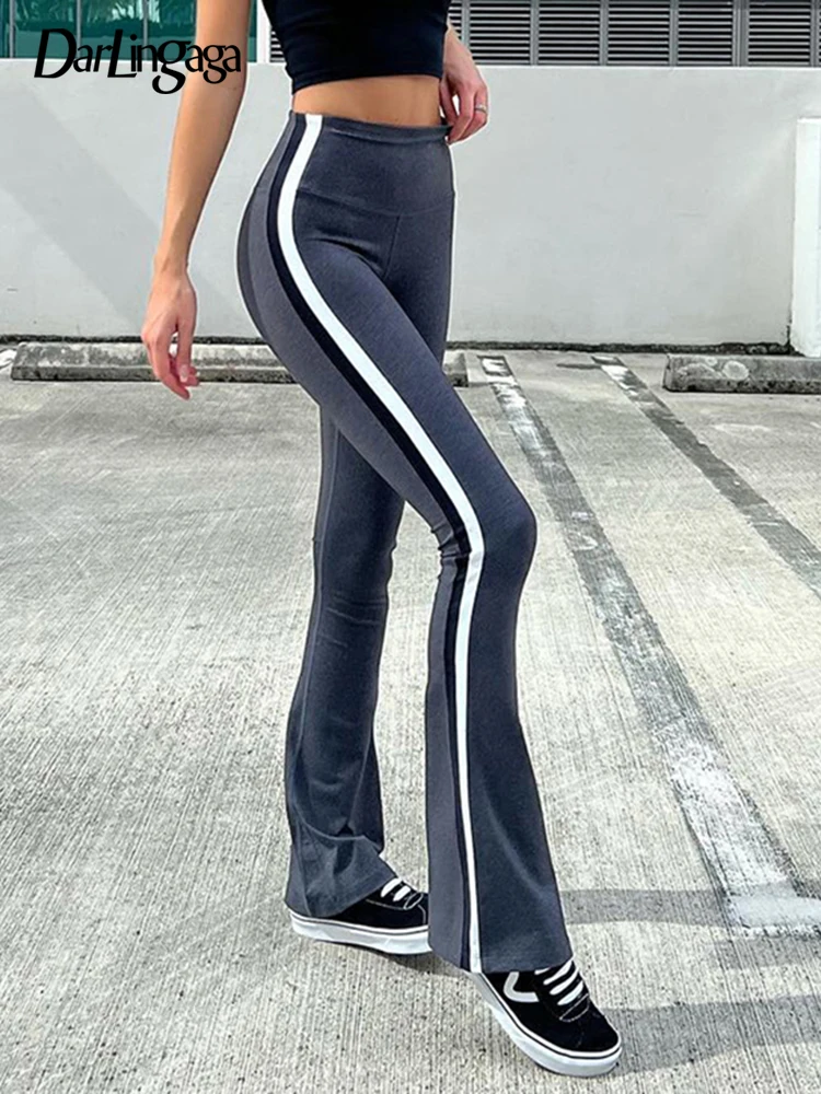 

Darlingaga Casual Stripe Patchwork High Waist Flare Pants Women Skinny Sporty Sweatpants Korean Basic Full Length Trousers Slim