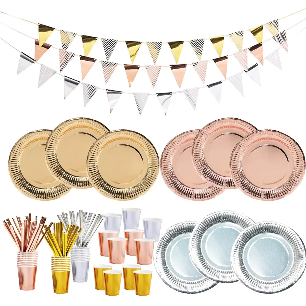 

10Pcs Disposable Plates Gold Dishes Anniversaire Birthday Disposable Tableware Birthday Girl Cutlery Baby Shower Wedding Decor