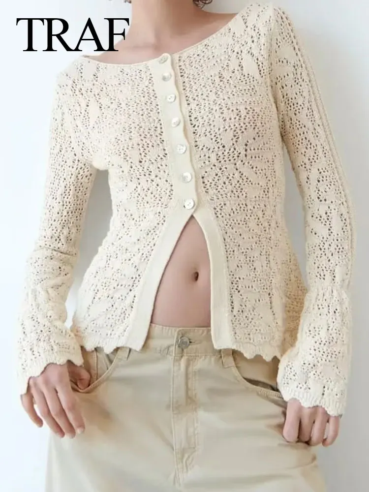 

Женский короткий свитер на пуговицах, с круглым вырезом и длинным рукавом