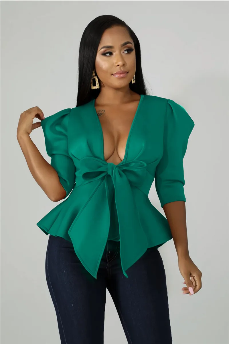 

Elegant Half Sleeve Blouse Tops New Fashion V Neck Bow Women Shirts Summer Casual Party Clothes Ruffles Sexy Office Cropped