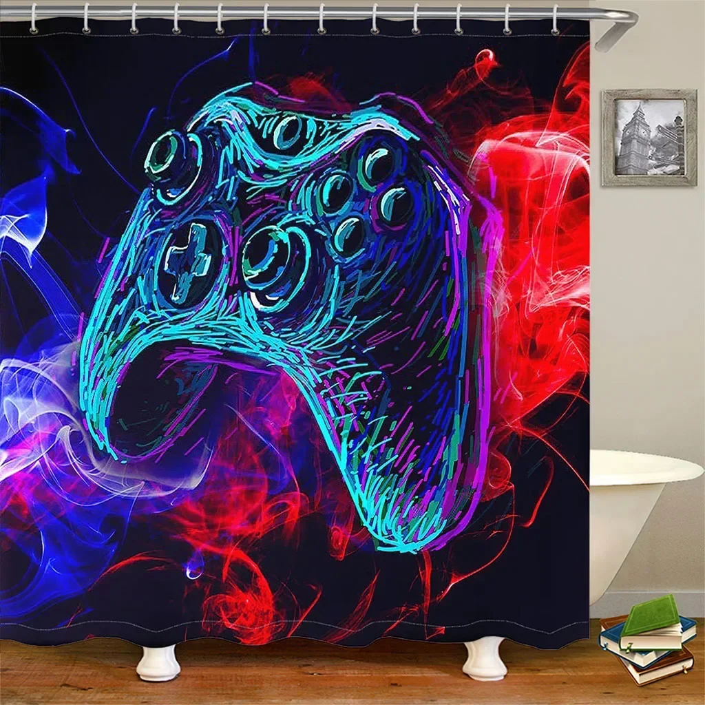 

Cool Dazzling Gamepad Game Design Polyester Shower Curtain Set for Boys Men Kid Bathroom Bath Waterproof Fabric with 12 Hooks