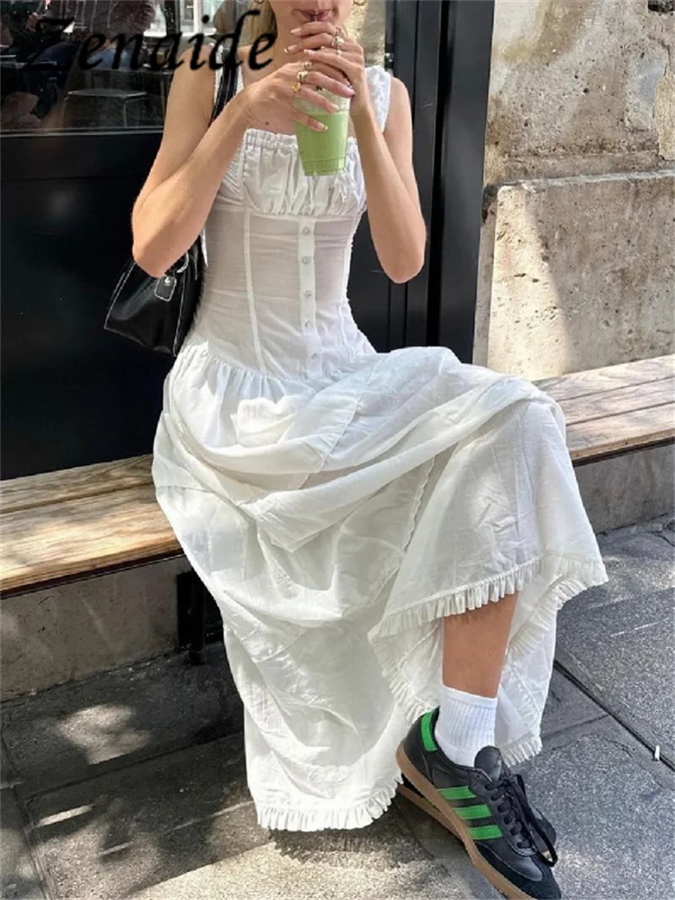 

Zenaide 2023 Summer Chic French Square Neck A-line Maxi Dress for Women Backless Sleeveless Slim Ruched Dresses Holiday Outfits