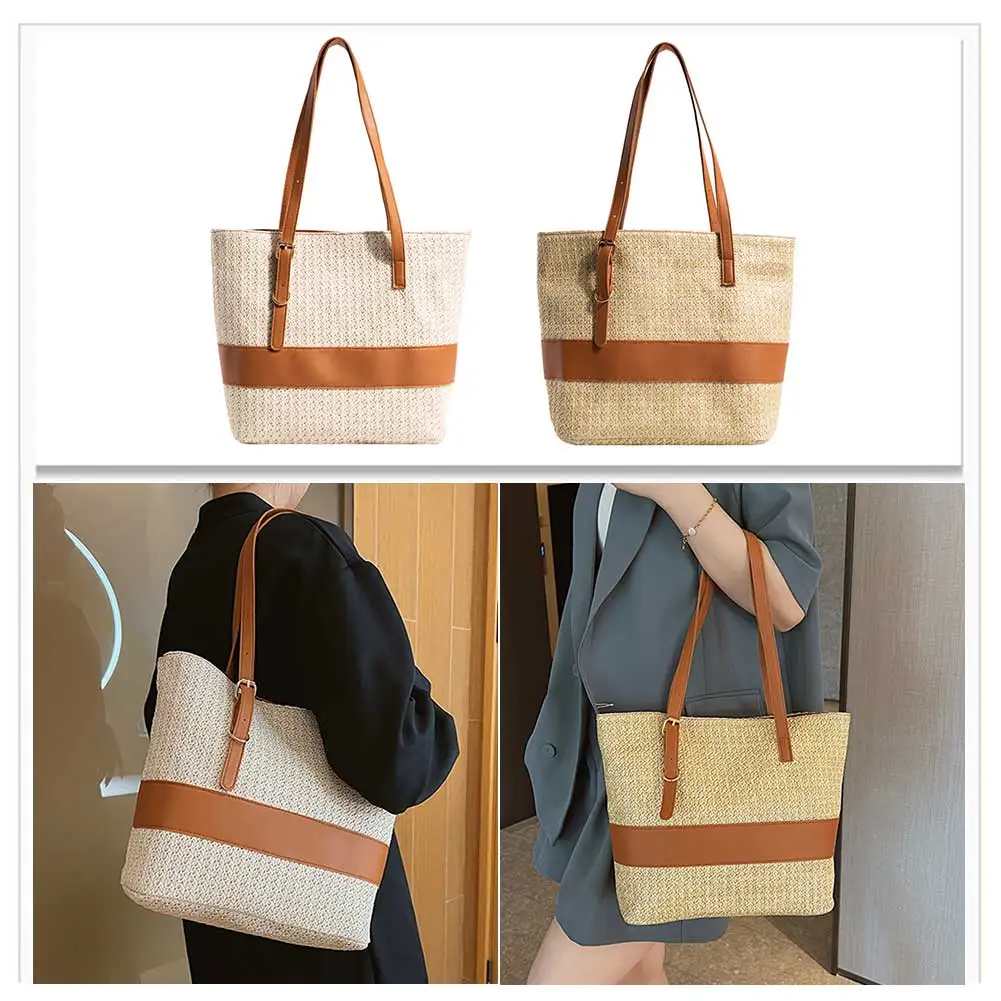 

Hand-Woven Handbags Large Capacity Top-Handle Bags PU Stitching Summer Fashion Handmade Simple Casual Casual Tote Purses сумка