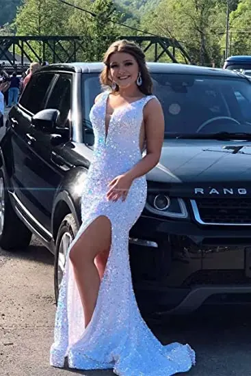 

Sequin Prom Dresses Long Deep V-Neck Sexy Mermaid Formal Cocktail Dresses for Women Backless