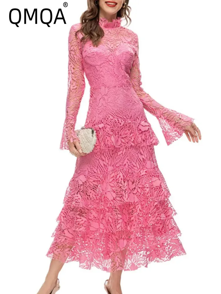 QMQA модные женские однотонные кружевные платья с воротником-стойкой элегантное