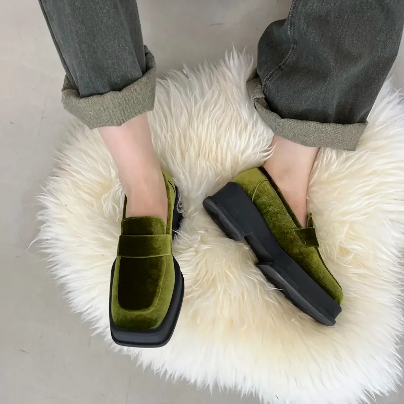 Autumn New Thick-soled Heightened Square-toe Velvet Women's Shoes Lightweight High-end Retro Green Loafers Pumps  Talon Femme