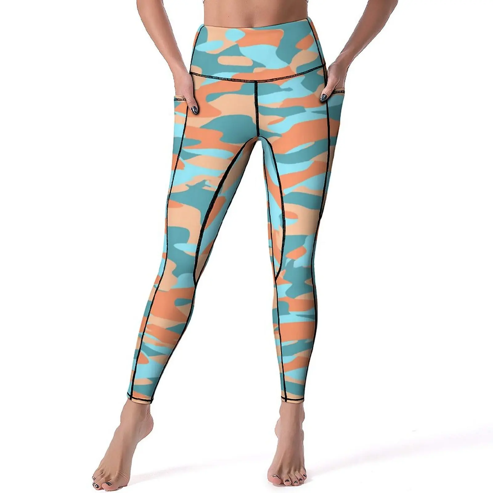 

Camo Leggings Sexy Orange Blue Camouflage Workout Yoga Pants High Waist Stretch Sports Tights With Pockets Sweet Design Leggins