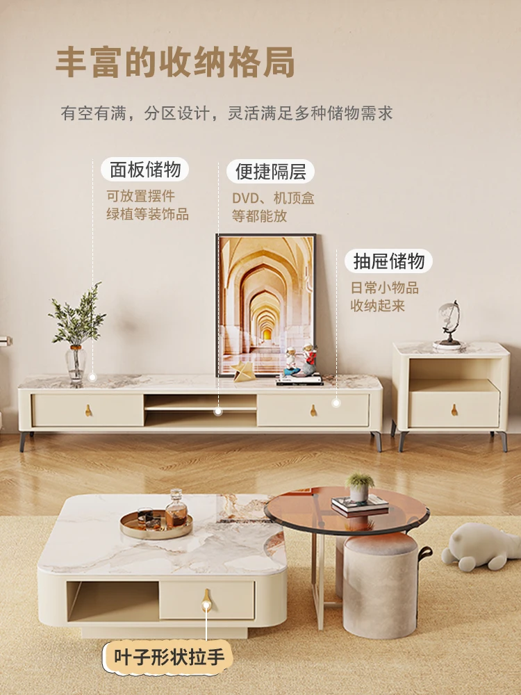 

The product can be customized.French coffee table, TV cabinet combination, living room, household glass, cream, wind