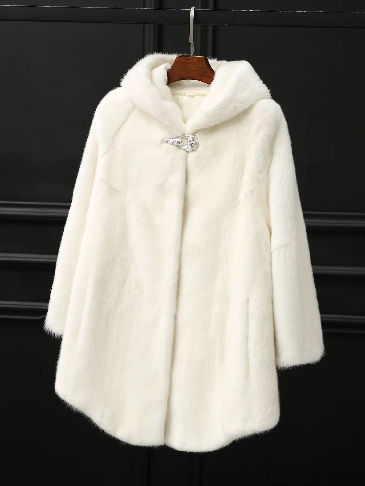 

female long coat imported mink fur ladies hooded MD7248