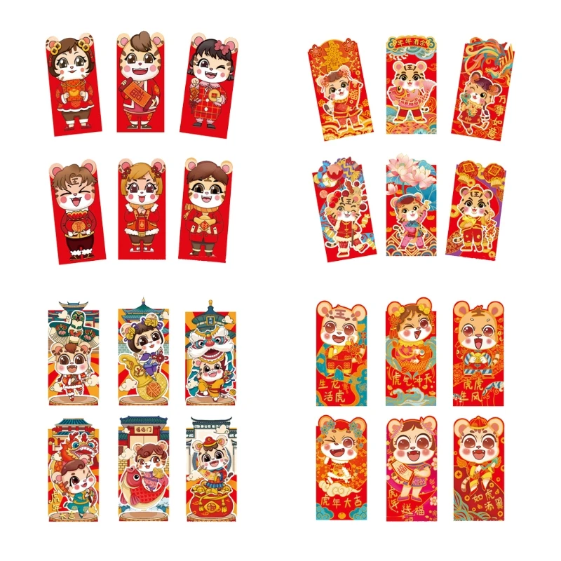 

6pcs 2022 Chinese Zodiac New Year Red Envelopes Cartoon Tiger Lucky Money Pocket