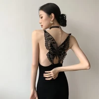 beauty back sexy elegant backless dress women butterfly embroidery mesh hollow out spaghetti strap black bodycon dress party