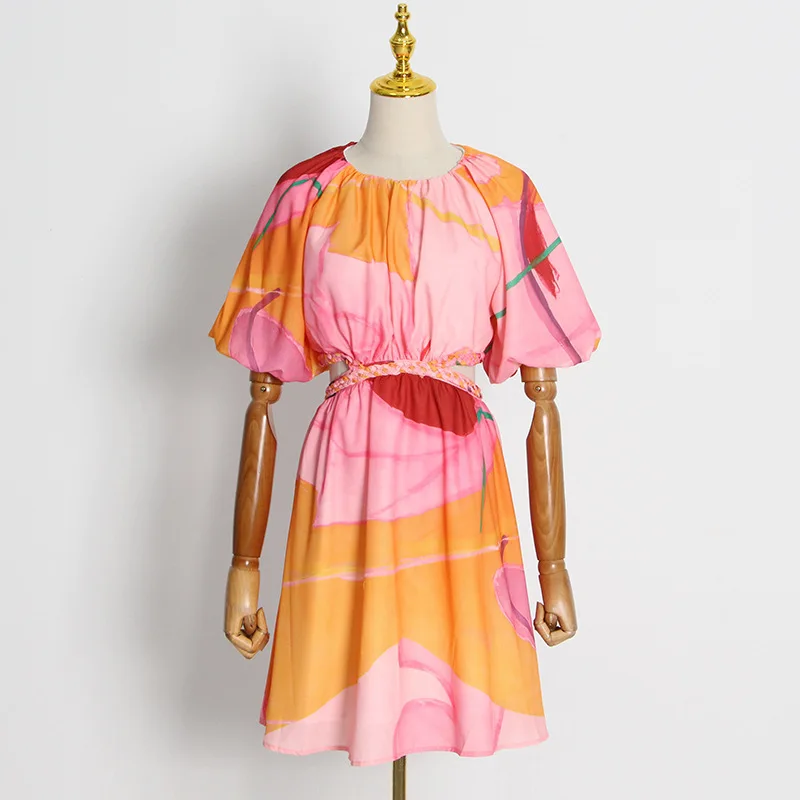 

SeeBeautiful A-line Dress Color Printing Dyeing O Neck Puff Sleeve Sexy Waist Hollow Women Summer Autumn 2022 New Fashion Q552