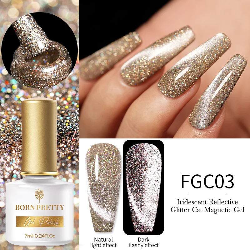 

BORN PRETTY Reflective Gel Nail Polish Cat Magnetic Gel Holographic Glitter Shining Soak Off UV Nail Art Varnish Manicure